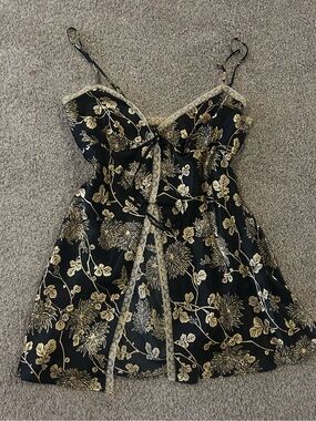 Y2K VS open front Black & Gold Floral Lace Trim Slip Dress